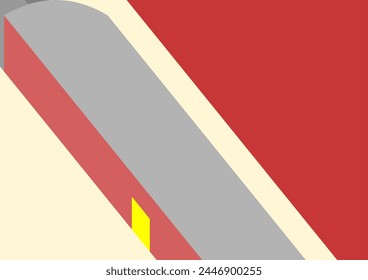 Abstract minimal vector metro station background. Metro red train with open door. Yellow light is seen from the door. Grey train roof. In the background a red wall. Scene has just a few colours.
