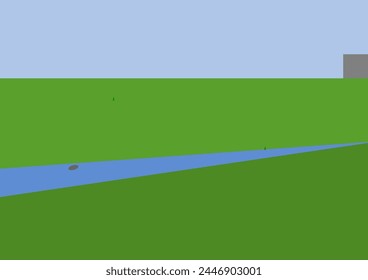Abstract minimal vector river scne background. One grey shaped buildings in background. Grey stone in background. Two small blades of grass seen. River light blue colour. Light blue skie background.
