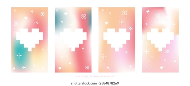 Abstract minimal vertical stories set with geometric pattern and heart shape frame. Aesthetic light pink and gold gradient background. A set of gradient templates for social media post, cover, wedding