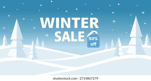 Abstract minimal winter landscape vector illustration featuring snowy ground, geometric pine trees, and falling snowflakes, combined with a promotional banner announcing a winter sale and a price tag displaying a 50 percent discount. Clean and modern design ideal for holiday promotions, seasonal advertising, e-commerce banners, social media marketing, websites, posters, and digital advertising. Fully editable and scalable vector background suitable for commercial use.