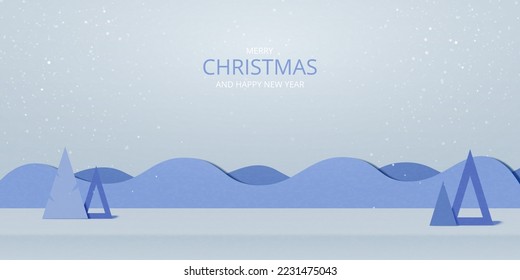 Abstract minimal winter scene and pine trees on mountains background.  3D Paper Art Vector illustration.