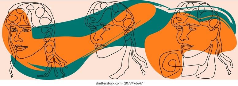 Abstract minimal woman face.Continuous line drawing. Portret minimalistic style with colour.Creative backgrounds in minimal trendy style with women face