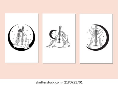 Abstract Minimal Woman With Guitar On Moon And Srats  Line Art.  Set Of Beauty Music Female Portrait. Musical Poster Wall Art