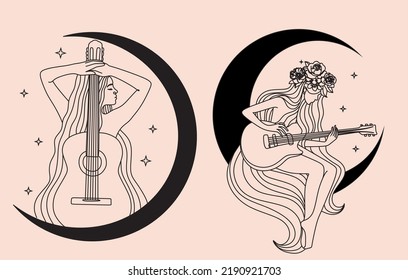 Abstract Minimal Woman With Guitar On Moon And Srats  Line Art.  Set Of Beauty Music Female Portrait. Musical Poster Wall Art