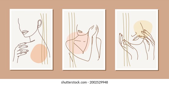 Resumen de arte de línea mínima de mujer. Conjunto de retratos femeninos de belleza. Logo del salón de belleza arte en la pared