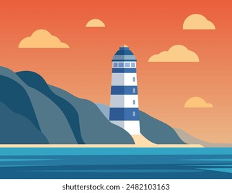 Abstrakte Minimalismuslandschaft eines Leuchtturms und das Meer an der Steinküste, Felsen. Vektorgrafik flache Abbildung. EPS 10