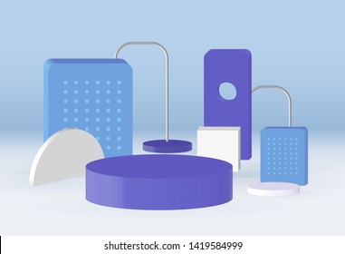 Abstract minimalism podium vector composition with pastel color, gradient blue background and white floor. Platform for product display - Vector