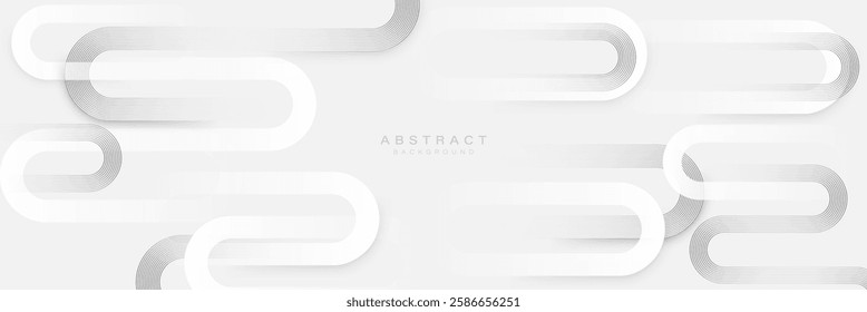 Abstract minimalist 3D render featuring curved geometric lines in white and gray tones on a clean, modern background