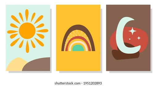 Abstract minimalist aesthetic backgrounds set with sun, moon, rainbow.  Boho wall decor. Mid century modern art print. Flat design.