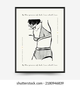 Abstract minimalist aesthetic women with thin lines, floral patterns, plants, woman. Trendy colorful poster template. Vintage boho style.