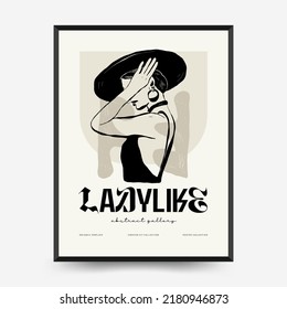 Abstract minimalist aesthetic women with thin lines, floral patterns, plants, woman. Trendy colorful poster template. Vintage boho style.