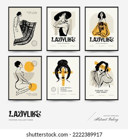 Abstract minimalist aesthetic women with thin lines, floral patterns, plants, woman. Trendy colorful poster template. Vintage boho style.
