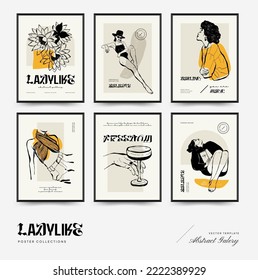 Abstract minimalist aesthetic women with thin lines, floral patterns, plants, woman. Trendy colorful poster template. Vintage boho style.