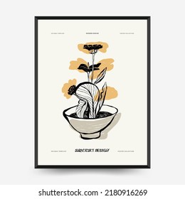 Abstract minimalist aesthetic womens with thin lines, floral patterns, plants, woman. Trendy colorful poster template. Vintage boho style.