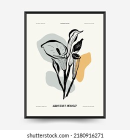 Abstract minimalist aesthetic womens with thin lines, floral patterns, plants, woman. Trendy colorful poster template. Vintage boho style.