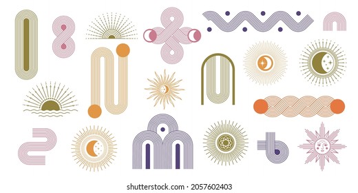 Abstract minimalist arch and geometric lines, sun and moon. Modern rainbow shapes. Boho style, contemporary aesthetic graphic art vector set. Sunshine and moon spark elements isolated on white