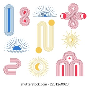 Abstract minimalist arch and geometric lines, sun and moon. Contemporary art elements. Abstract wall design with sunrise or sunset and sea, boho objects isolated vector set. Trendy decor