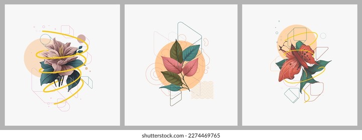 Abstract minimalist Art. Mixed style, geometric shapes and plants. Flowers, leaves. Set of vector paintings. Bauhaus. Backgrounds for poster, banner, print. 