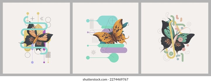 Abstract minimalist Art. Mixed style, geometric shapes and plants. Flowers, leaves. Set of vector paintings. Bauhaus. Backgrounds for poster, banner, print. 