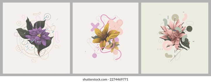 Abstract minimalist Art. Mixed style, geometric shapes and plants. Flowers, leaves. Set of vector paintings. Bauhaus. Backgrounds for poster, banner, print. 