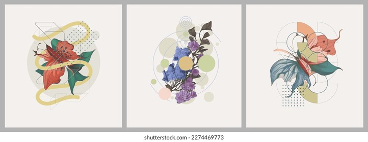 Abstract minimalist Art. Mixed style, geometric shapes and plants. Flowers, leaves. Set of vector paintings. Bauhaus. Backgrounds for poster, banner, print. 