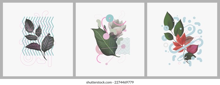 Abstract minimalist Art. Mixed style, geometric shapes and plants. Flowers, leaves. Set of vector paintings. Bauhaus. Backgrounds for poster, banner, print. 