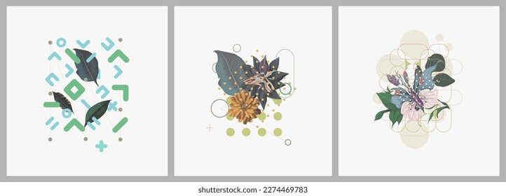 Abstract minimalist Art. Mixed style, geometric shapes and plants. Flowers, leaves. Set of vector paintings. Bauhaus. Backgrounds for poster, banner, print. 