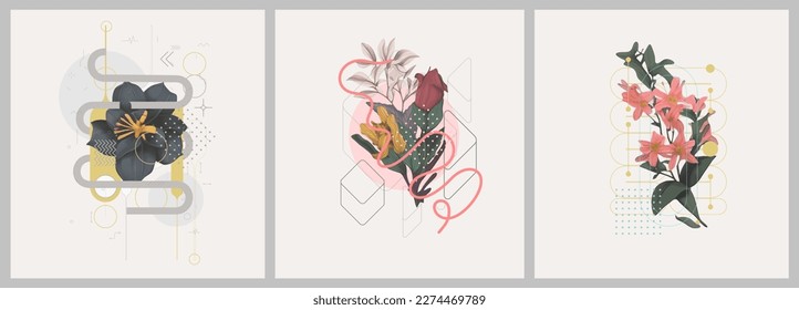 Abstract minimalist Art. Mixed style, geometric shapes and plants. Flowers, leaves. Set of vector paintings. Bauhaus. Backgrounds for poster, banner, print. 