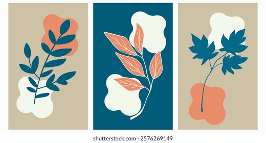 Abstract minimalist Art. Mixed style, geometric shapes and plants. Flowers, leaves. Set of vector paintings. Bauhaus. Backgrounds for poster, banner, print.Blue,orange,beige colure.