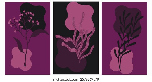 Abstract minimalist Art. Mixed style, geometric shapes and plants. Flowers, leaves. Set of vector paintings. Bauhaus. Backgrounds for poster, banner, print. purple,black light purple colure.