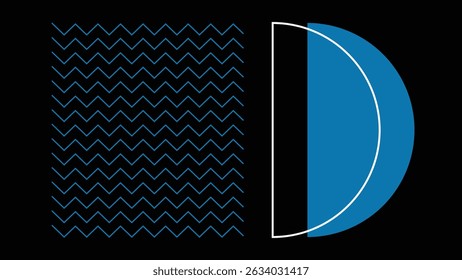 Abstract minimalist artwork featuring a blue half circle and zigzag grid over black. Ideal for contemporary graphic projects and tech-style designs.