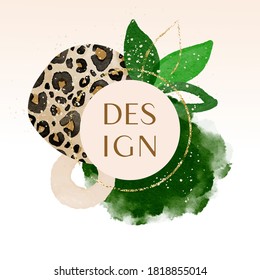 Abstract minimalist artwork watercolor background with vector illustration hand drawn shapes leopard, green leaf and glitter with circle frame for text. Design modern posters, cover, social media page