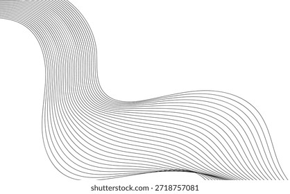 Abstract minimalist background design featuring a continuous stream of parallel black lines gracefully curving and flowing across the white negative space creating visual movement.