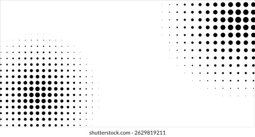 Abstract minimalist background featuring halftone dot patterns in black on a clean white canvas. The design incorporates symmetrical dot clusters with varying sizes, creating 
