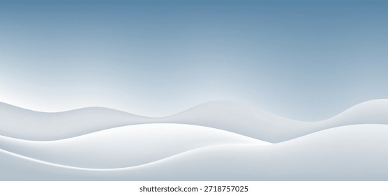 Abstract minimalist background featuring softly rolling white snow drifts set against a muted gradient blue sky creating a serene winter landscape.