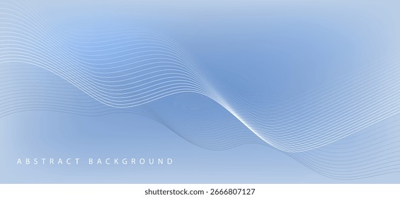 Fundo minimalista abstrato em azul claro e azul claro. O ambiente é calmo. Há linhas onduladas brancas finas fluindo da esquerda para a direita, que se encaixam bem com o plano de fundo suave.