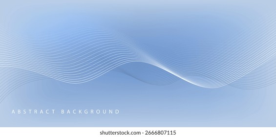 Abstrakter minimalistischer Hintergrund in hellblauem Marineblau mit feinen weißen Wellenlinien von links nach rechts und Farbverlauf-Punkten, die eine fließende und ansprechende Atmosphäre schaffen.