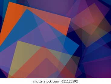 Abstract minimalist background with overlay triangles and rectangles. Digital geometric creative artwork. Blue, orange, purple colors, halftones.