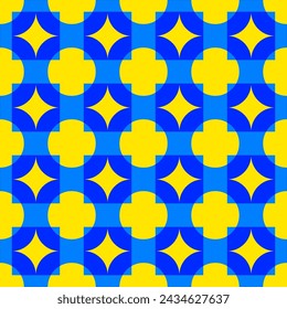 Abstract minimalist background in yellow and blue colors. Seamless vector pattern with simple geometric shapes, semicircular round squares. Stylish modern texture.
