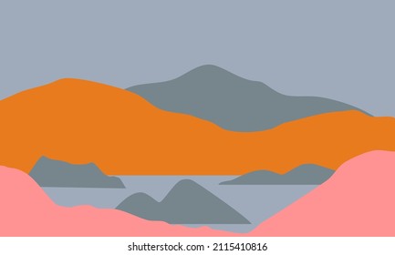The abstract minimalist backgrounds. Hand-drawn illustrations with mountain and lake scene for wall decoration, postcard or brochure, cover design, stories, social media, app design