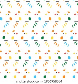 Abstract minimalist birds seamless vector pattern. Repeating animal background for kids. Blue red yellow green bird silhouettes sitting on rope. Surface pattern design for fabric, wallpaper, decor