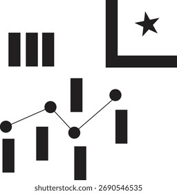 Abstract minimalist black vector illustration showing geometric shapes and line chart elements symbolizing analytics, data growth, and modern business concepts. Simple flat design, isolated on white b