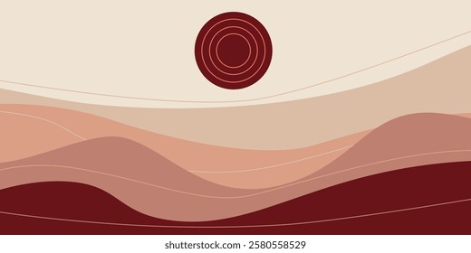 Abstract Minimalist Boho Landscape with Warm Earth Tones and Circular Sun