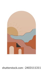 Abstrakter minimalistischer Hintergrund des Boho-Gebirges. Abstraktes Landschaftskunstposter. Hintergrundillustration aus dem Mittelalter