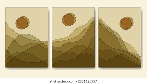 Resumen conjunto de ilustraciones del paisaje montañoso de boho minimalista