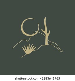 Abstract minimalist boho vector line moon cactus on background desert landscape scene