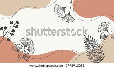 Abstract Minimalist Botanical Background with Line Art Leaves and Earthy Tone Organic Shapes Frame