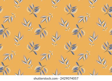 Abstract minimalist branches leaves seamless pattern. Cute creative tiny tropical leafs scattered randomly on a yellow background. Vector hand drawn sketch. Collage for designs, printing, patterned