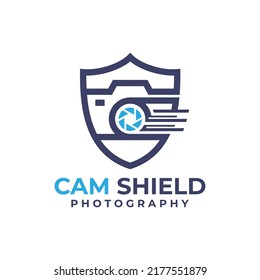 Abstract Minimalist Camera Shape and Badge Shield Combination Logo Design.