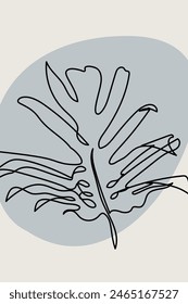 Abstract minimalist card with one continuous line bloom. Neutral earthy floral poster with black linear flower and geometric shapes.